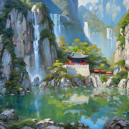 02197-3935975292-backround,CG,wuxiaworld,chinese old buliding,pond,waterfall come from the mountain top,panorama,ray tracing,reflection light,pol.jpg